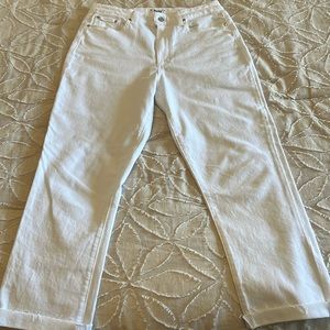 Paige white soft stretch straight leg denim with frayed hem.